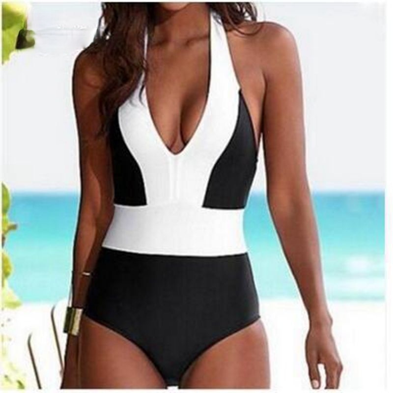 One-Piece Colour Block V-neck Halter Top Bathing Suit for Women