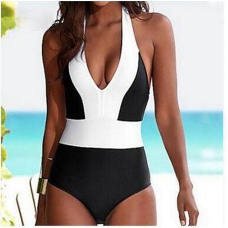 One-Piece Colour Block V-neck Halter Top Bathing Suit for Women