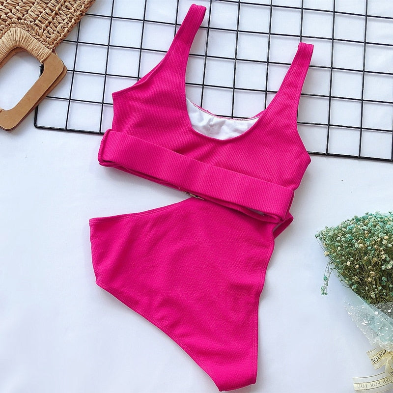 High Waist Two-Piece Front Zipper Swimsuit