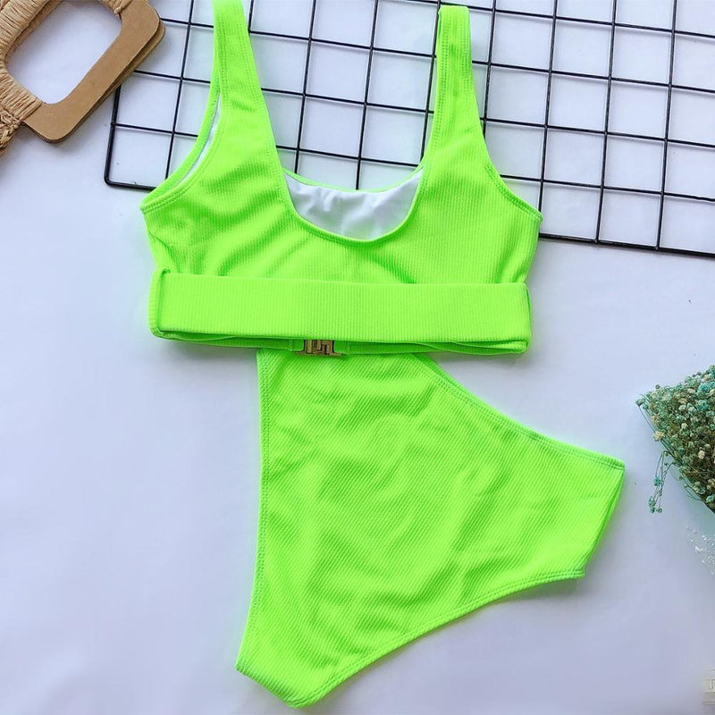 High Waist Two-Piece Front Zipper Swimsuit